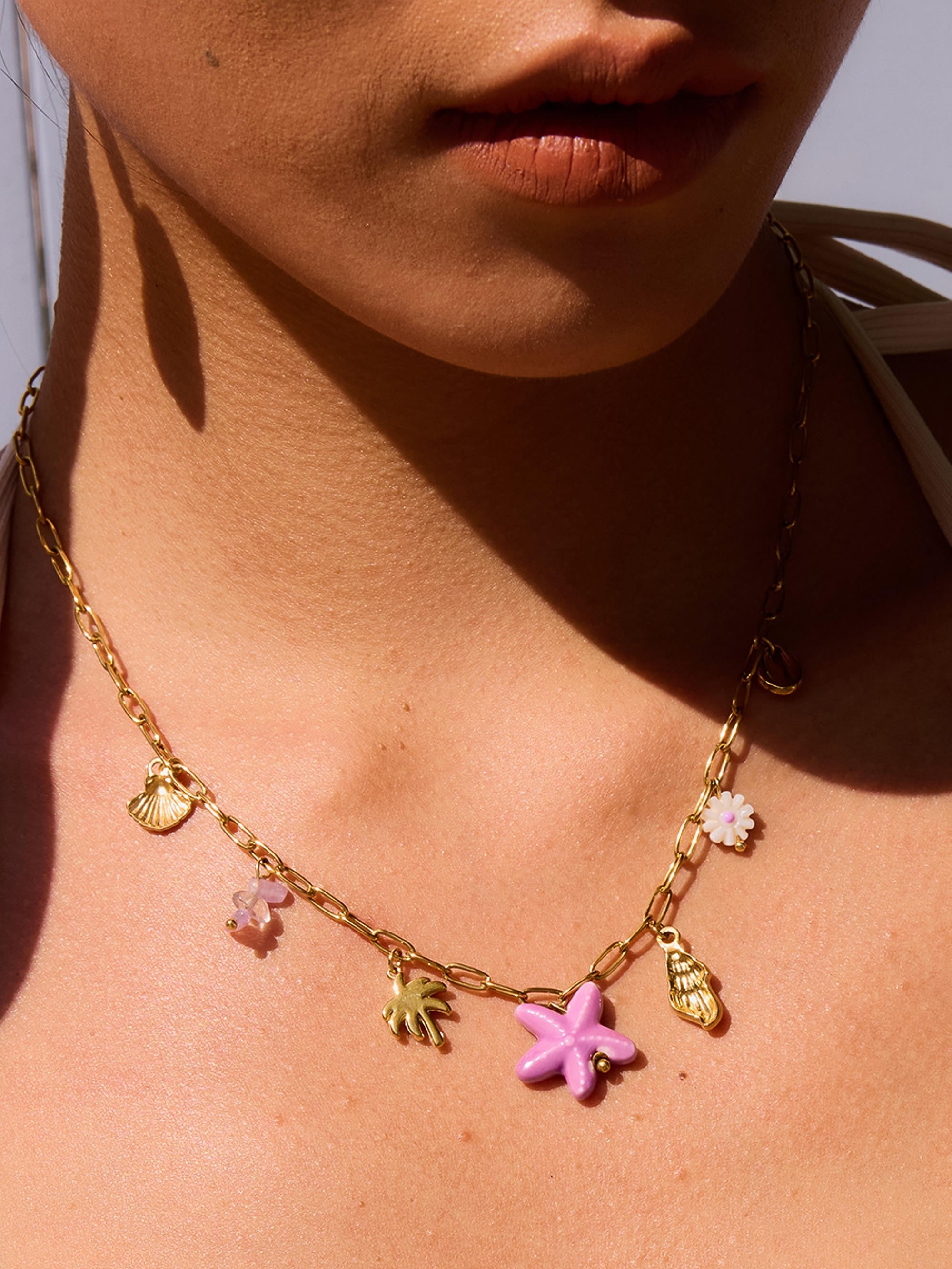 18k Gold Non-tarnish Starts & Palm Charm Necklace