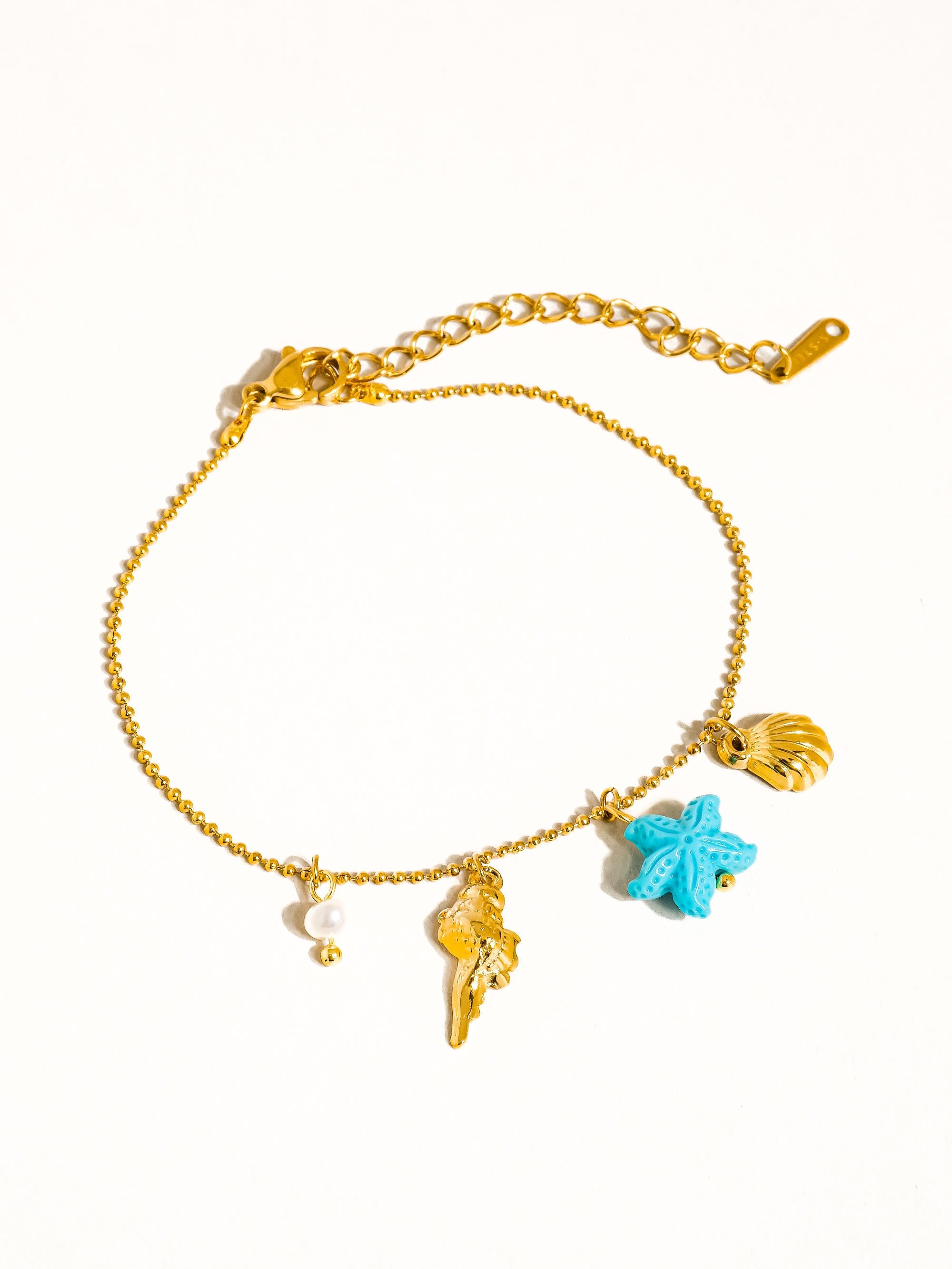 18k Gold Non-tarnish Shells & Star Charm Bracelet