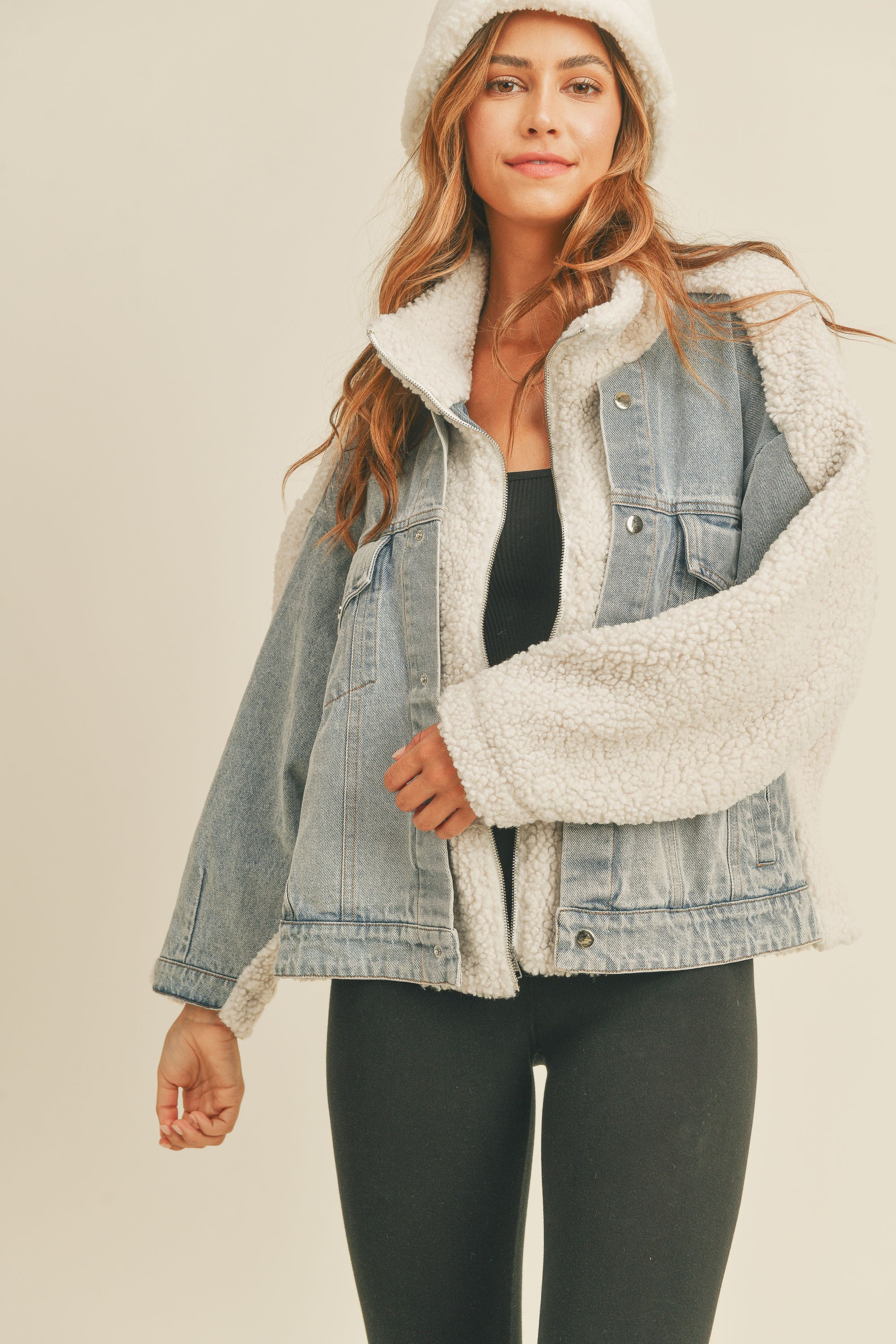 MABLE - FLEECE AND DENIM COMBO OVERSIZED JACKET