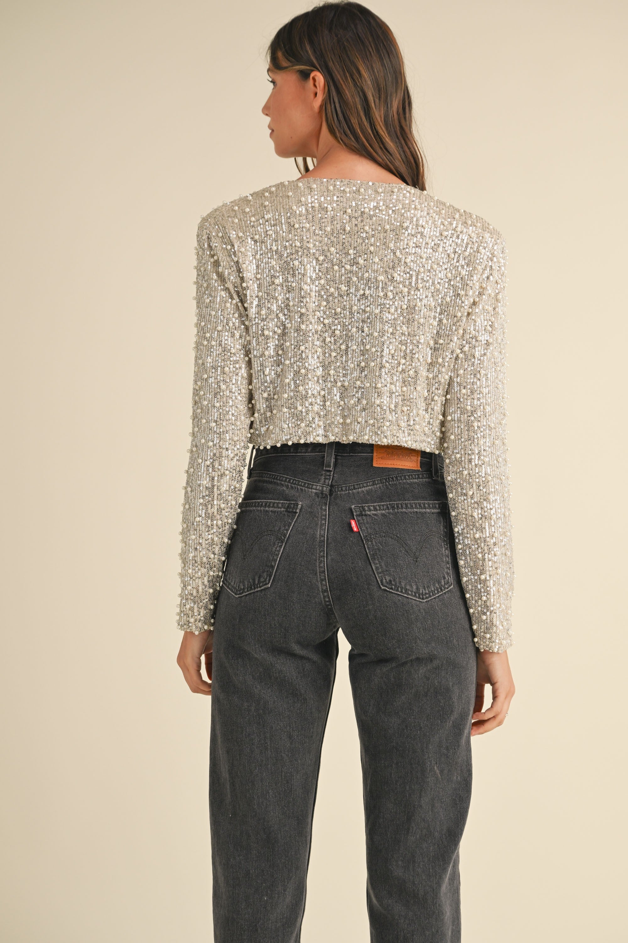 MABLE - Sequin and Pearl Satin Bow Tied Crop Jacket